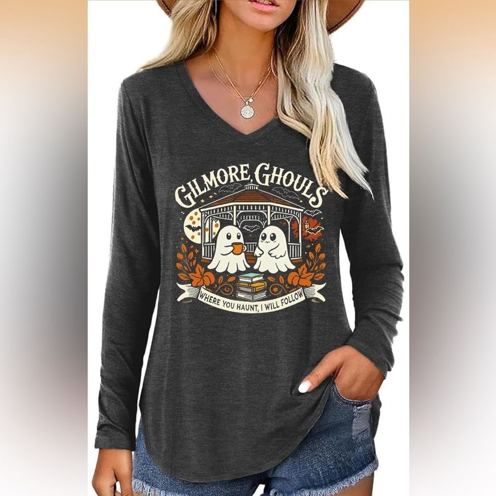 V Neck Shirt for Women Funny Letter Graphic Long Sleeve